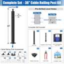 CKE 5-10ft Complete Set 36" Cable Railing Post Kit, 2Pack Adjustable Top Level Drilled Line Posts(35"x2"x2"), 150ft 1/8" Wire Rope, Black Swageless Invisible Cable Railing Kit (No Handrail) LPS01