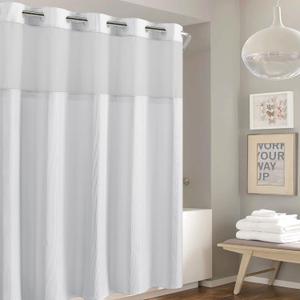 It's A Snap! Waffle Stripe Shower Curtain, 2-in-1 with Fabric and Sheer Top Window, Flex-On Rings, Liner Compatible, 71' x 74', Bright White