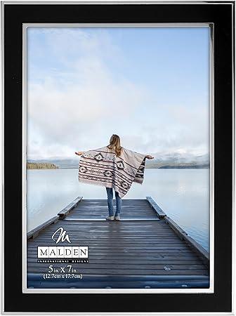 Malden International Designs Black Sleek With Silver Inside Border Picture Frame, 5x7, Black