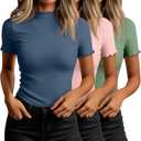 Huukeay 3 Pack Women's Mock Turtleneck Short Sleeve Tops Cotton Ribbed Lettuce Trim T Shirts Slim Fit Casual Base Tee (Medium, Haze Blue, Light Pink, Matcha Green) Medium