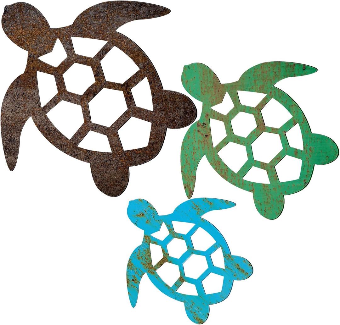 Threehoney 3 Sizes Metal Sea Turtle Wall Art Decor Beach Ocean Nautical Coastal Theme Decor Vintage Farmhouse Turtle Hanging Decoration for Indoor Outdoor Garden Backyard Pool Patio Kitchen Bathroom