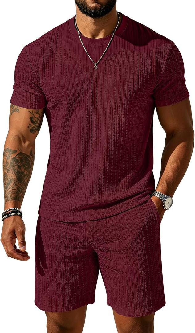 UOUA Mens Shorts Set Crewneck Short Sleeve T-Shirt & Shorts Twisted Texture 2 Piece Summer Outfits Casual Matching Sets, Medium