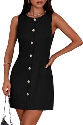 PRETTYGARDEN Work Dresses for Women 2026 Summer Business Formal Short Dress Sleeveless Button Down Elegant Office Outfits, M