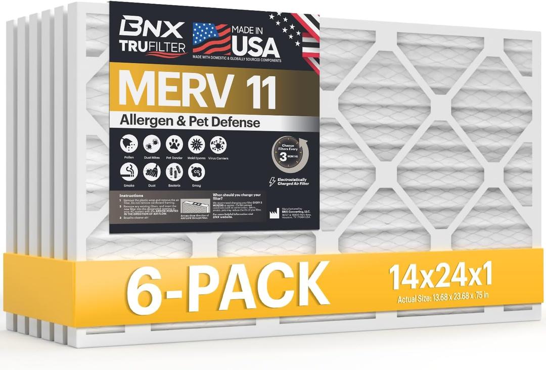 BNX TruFilter 14x24x1 Air Filter MERV 11 (6-Pack) - MADE IN USA - Allergen Defense Electrostatic Pleated Air Conditioner HVAC AC Furnace Filters for Allergies, Dust, Pet, Smoke, Allergy MPR 1200 FPR 7