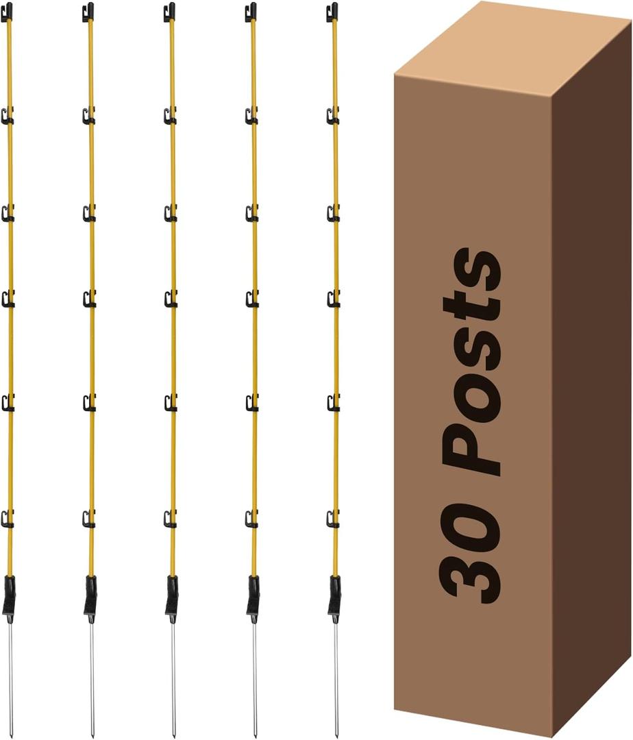 Fiberglass Fence Posts 50" - 30 PCS, Electric Fence Posts with Adjustable Clips & Metal Spikes, Step in Fence Post for Patio, Garden, Lawn