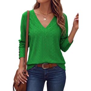 Dokotoo Womens Fall V Neck Long Sleeve Eyelet Embroidered Blouse (Green, S)