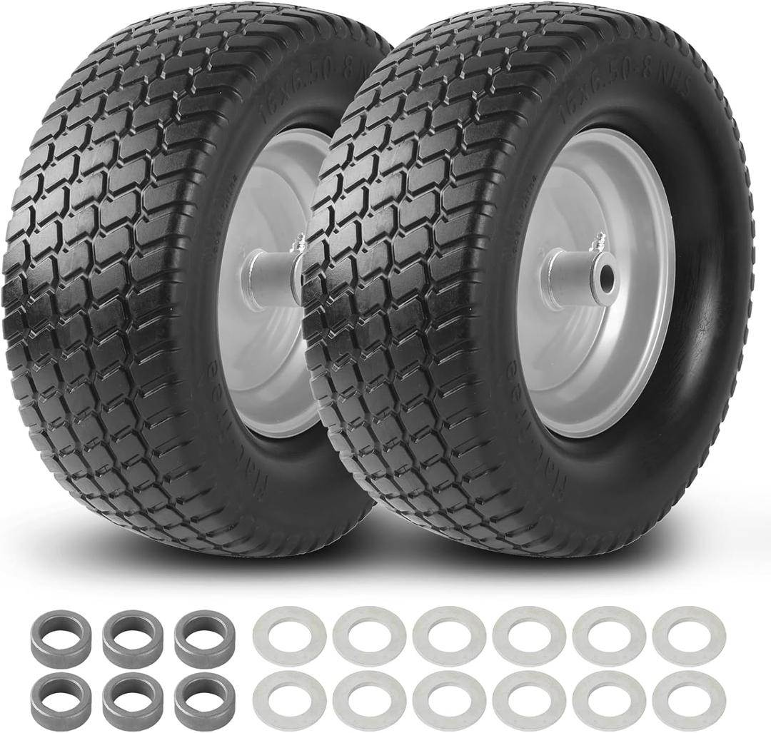 AR-PRO (2-Pack) 16x6.50-8 Flat-Free Tire and Wheel Assemblies, Relacement 16x6.5-8 Solid Turf Tire with Rim for Garden Tractor Riding Lawn Mowers, 3" Offset Hub and 3/4" Bushings (Silver)