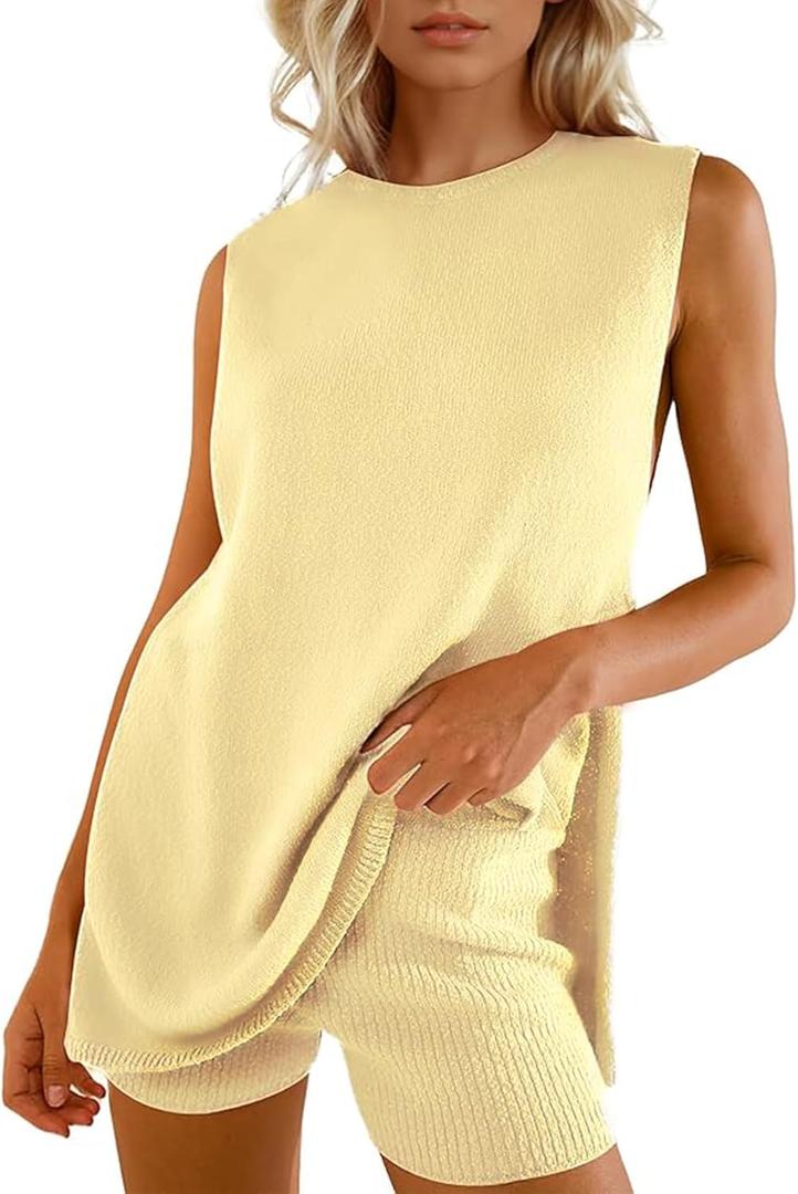 Wyeysyt 2 Piece Sets for Women Summer, Sweater Set Sleeveless Tunic Top and Shorts Beach Vacation Sets Tracksuits (Medium, Yellow)