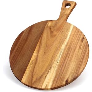 Acacia Wood Cutting Board with Handle Wooden Chopping Board Round Cutting Boards for Kitchen Decor Large Charcuterie Board Tray Teak Meat Cheese Board Bread Serving Platter Butcher Block Pizza Board (16"L x 12"W)