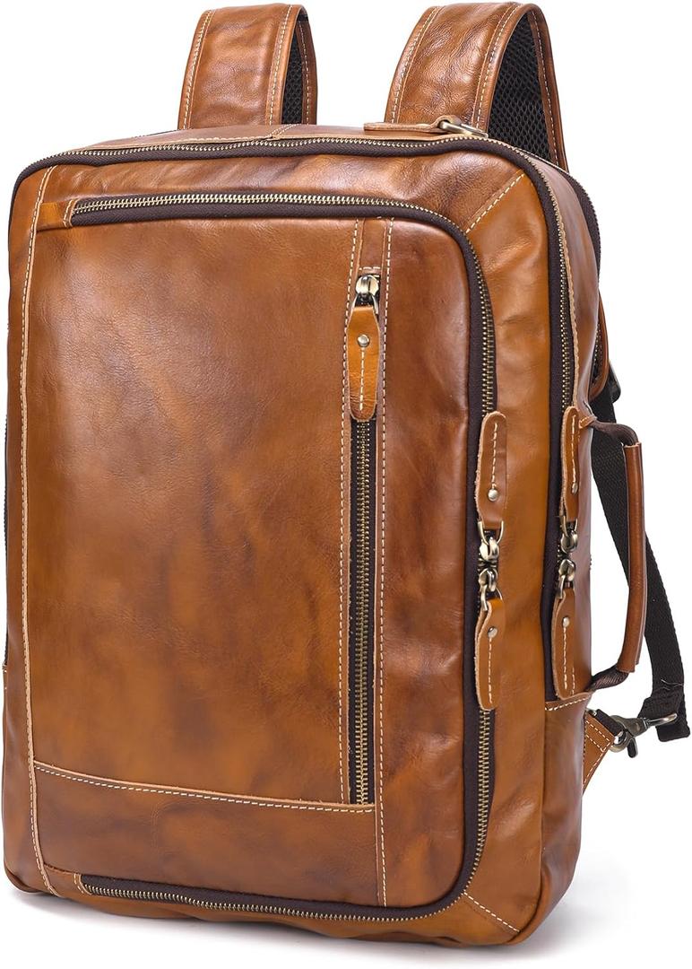 LANNSYNE Vintage Genuine Leather Backpack For Men, 2 in 1 Expandable Briefcase Fits 17'' Laptop Crossbody shoulder Bag Business/Travel Rucksack, One Size