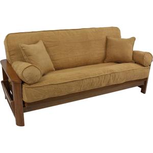 Blazing Needles Solid Microsuede Double Corded 8" to 9" Futon Cover Set with 4 Throw Pillows (Set of 5), Full, Camel