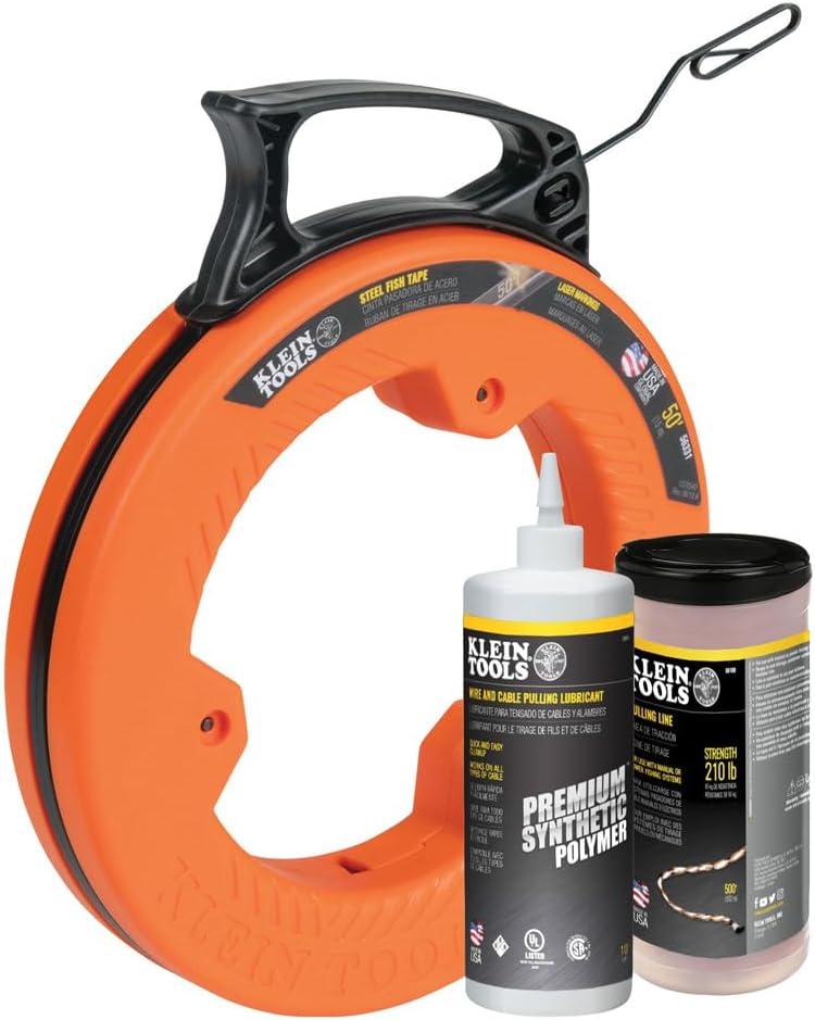 Klein Tools 80058 Fish Tape Wire Pulling Kit with 50-Foot Steel Fish Tape, 500-Foot Pull Line and Wire Pulling Lubricant, 3-Piece