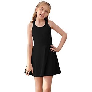 Haloumoning Girls Sleeveless Tennis Dress Kids Racerback Golf Dress School Sports Dresses Outfit with Shorts Pockets Black Size 150