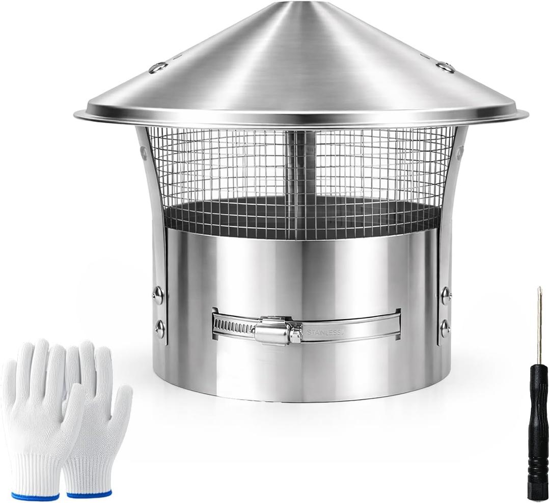 Rust-Proof 8" Round Chimney Cap -Adjustable Stainless Steel Cover with Dense Mesh, Blocks Leaves & Small Animals, Easy Install Silver Mobile Home Fireplace Screen for Outside Use
