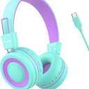 USB Type C Kids Headphones for School, Wired Toddler Headphones, 94dB Volume Limited, HD Stereo Sound, Foldable Lightweight On-Ear Wired Headphones for Kids/Children/Teens/Boys (Purple Green)