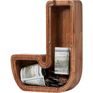 Piggy Bank for Kids Boys Girls, Wooden Large Letter Piggy Bank Alphabet Money Bank with Initial J, Coin Bank Fun Gifts for Birthday, Christmas, Festival, Baby Shower