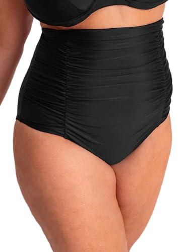 SHAPERMINT Women Ruched High Waisted Black Bikini Bottom Swimsuit, Tummy Control Full Coverage Swimwear, 2XL