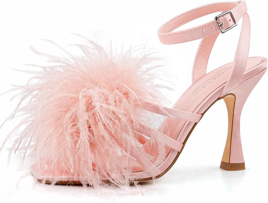 BCTEX COLL Women's Heeled Sandals Fluffy Feather Square Open Toe Ankle Strap Sexy Stiletto High Heels for Wedding Party Dance Evening (8.5, Pink)
