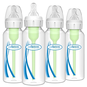 Dr. Brown's AntiColic Options+ Narrow Glass Baby Bottle with Level 1 Slow Flow Nipple, BPAFree, 8 oz/250 mL, 0m+, 4Pack
