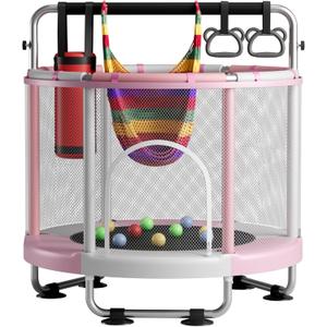 ZCMHAXJ 55" Trampoline for Kids with Enclosure, 440lbs Capacity Indoor & Outdoor Toddler Trampoline with Adjustable Gymnastics Bar & Toys, for Boys & Girls (Pink)