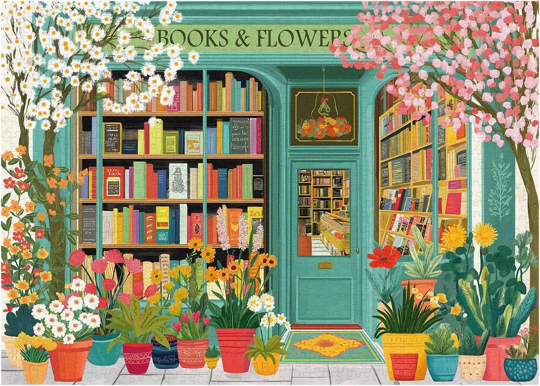 PICKFORU Book Jigsaw Puzzles 1000 Pieces, Spring Flowers Bookstore Puzzles for Adults, Blooming Bookshelf Puzzle as Home Decor