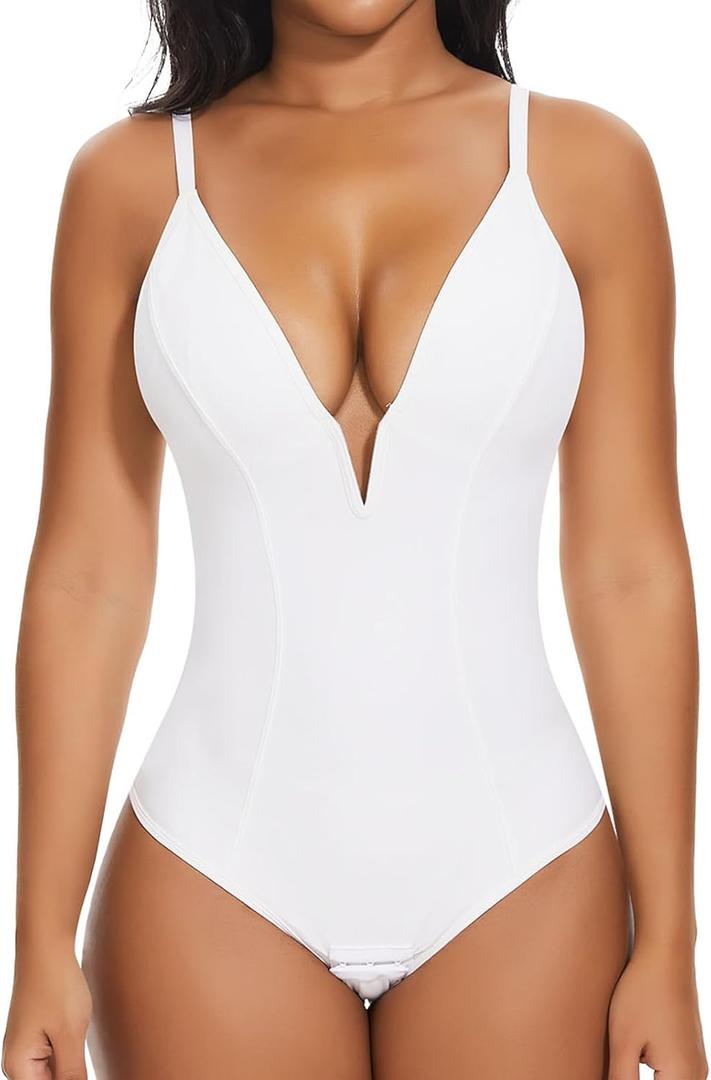 SHAPERIN Bodysuit for Women Shapewear Tummy Control Deep V Neck Plunge Sleeveless Backless Thong Body Suit Tank Top (Medium, #50-white)