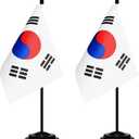 Korea Desk Flag Set, 2 Pack Korean Table Office Flags, Small Mini Desktop Flag With 12" Solid Black Pole, Black Base, Miniature Desktop Flag