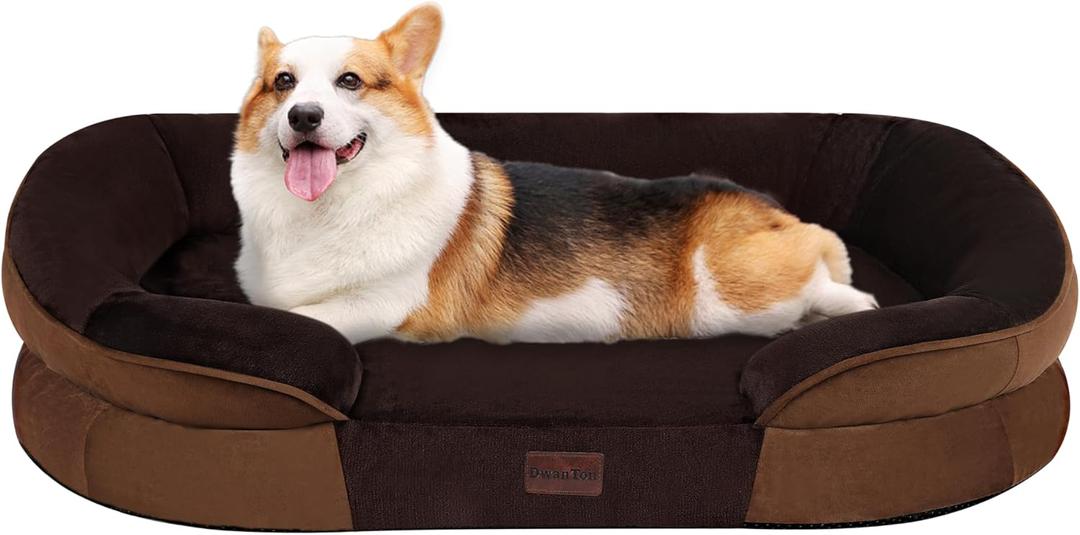 Dwanton Orthopedic Dog Bed for Medium Dogs with Gel Memory Foam, Waterproof Dog Sofa, Washable Pet Bed with Four Sided Bolster Cushion, Removable Cover & Non-Slip Bottom, 36", Brown