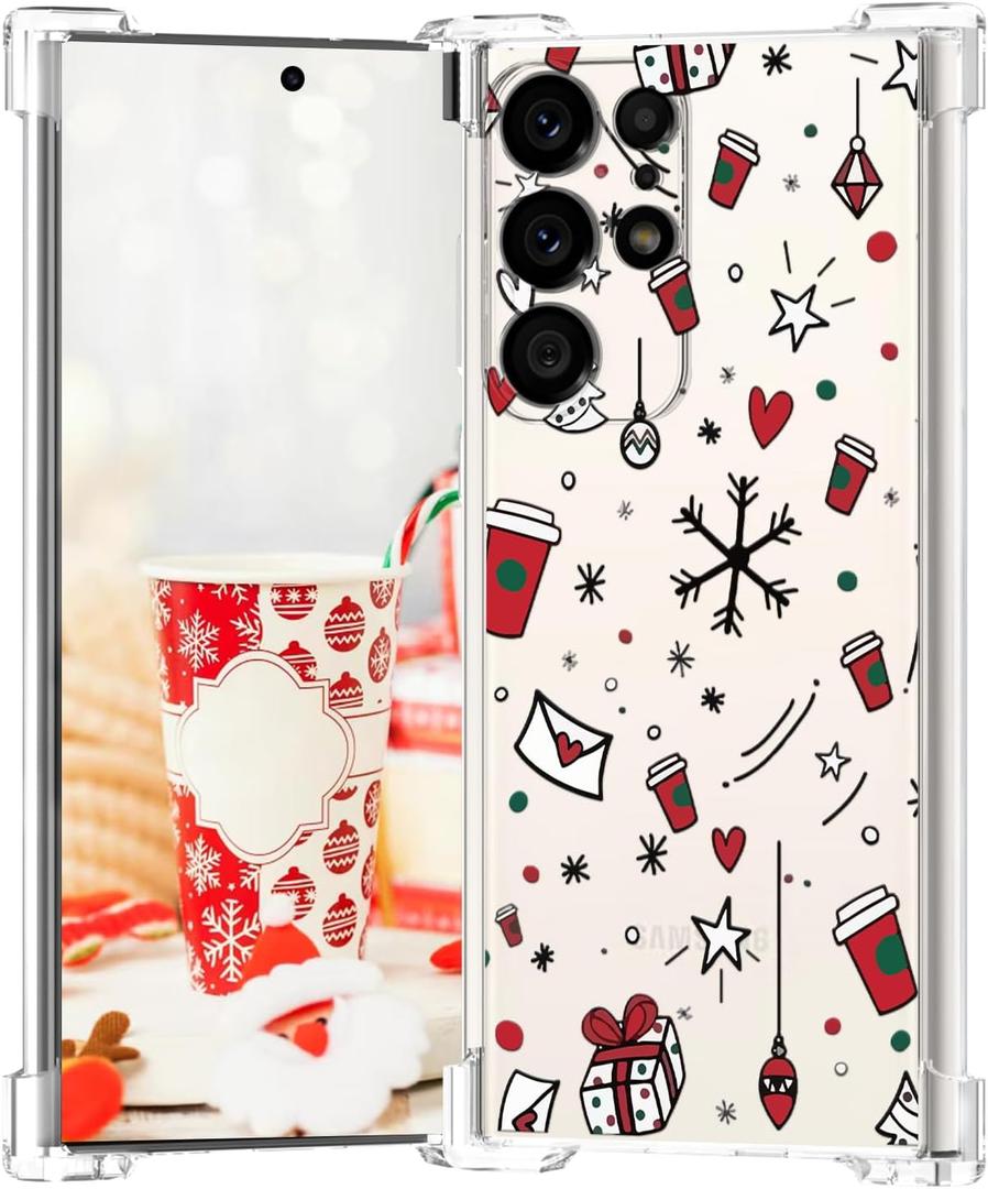 Clear for Samsung Galaxy S23 Ultra Christmas Case,Crystal Soft TPU Anti-Drop Shockproof Protective Cover/Love Heart Happy New Year Phone Case for Samsung Galaxy S23 Ultra Women (hearts and stars)