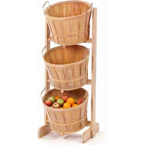 Gerrii 1 Pcs Large Solid Wood Bushel Barrel Display with 3 Half Bushel Basket, Farmers Market Floor Display with Handles, Retail Harvest Basket for Fruit, Vagatables, Candy, Small Crafts, Produce