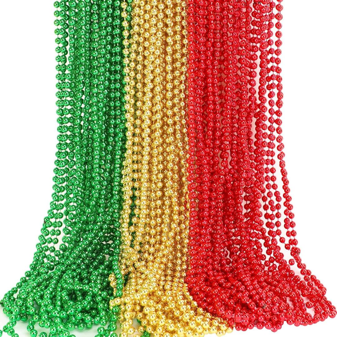 JULBEAR Bulk Christmas Beads Necklaces, 30pcs Red Green Gold Metallic Plastics Bead Necklaces for Xmas Holiday Party Favors Carnival Decorations Costume Accessories Supplies