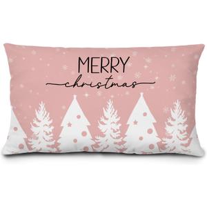 Pink Merry Christmas Pillow Covers 12x20, Preppy Christmas Decor, Pink and White Xmas Tree Snowflake Winter Lumbar Throw Pillow Covers for Girls Room Dorm Apartment