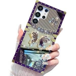 Cute Compatible with Samsung Galaxy S24 Ultra Case, Luxury Bling Butterfly Foldable Stand Kickstand for Women & Girls, Mirror Lace Flexible Shockproof Protective Case (Purple) (Mirror Purple)