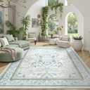 DCX Green 5x7 Rug, Kid & Pet Friendly with Rubber Back Non Slip, Machine Washable Stain Resistant Botanical Floral Rug for Living Room, Bedroom, Home Office, Soft Low Pile Large Nursery Carpet