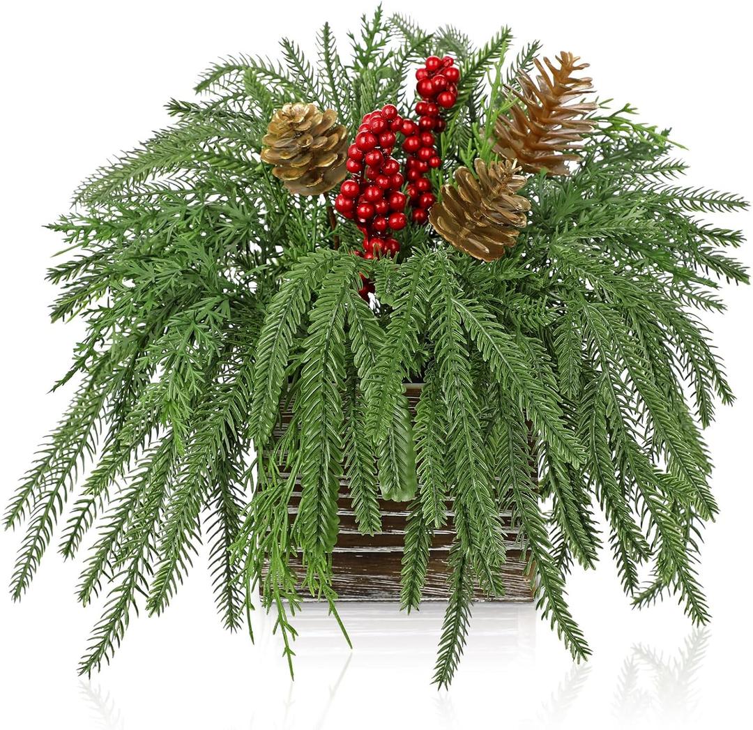 Artificial Christmas Norfolk Pine Arrangement with Red Berries and Pinecones 10 Inch Holiday Table Centerpiece in Rustic Wooden Box Faux Tabletop Arrangement for Home Mantel Xmas Dining Table Decor (Style 8)