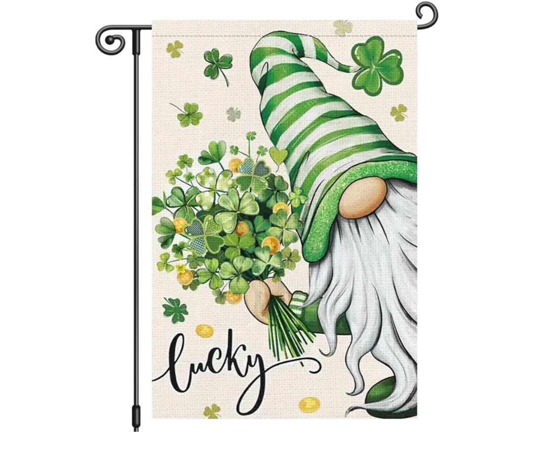 2 x St Patricks Day Lucky Gnome Garden Flag 12.5x18 Inch Double Sided Outside, Clover Shramrock Holiday Yard Outdoor Decoration
