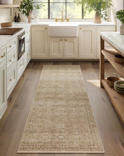 Machine Washable Runner Rugs for Entryway: 2'6"x8' Kitchen Runner Rug with Rubber Backing Non Slip Low Pile Soft Faux Wool Boho Carpet Runners for Hallways Bedroom Living Room Farmhouse Indoor (Brown and Beige)