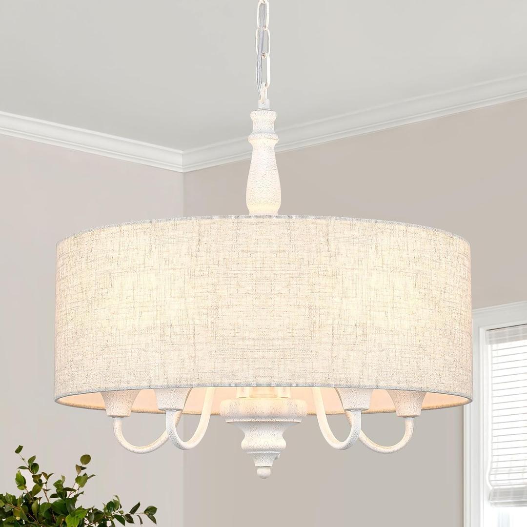 18'' Drum Chandelier, 5-Light Round Chandelier Modern Pendant Hanging Light Fixture with Linen Shade, Rustic Farmhouse Chandeliers for Dining Room Over Table Bedroom Living Room Foyer