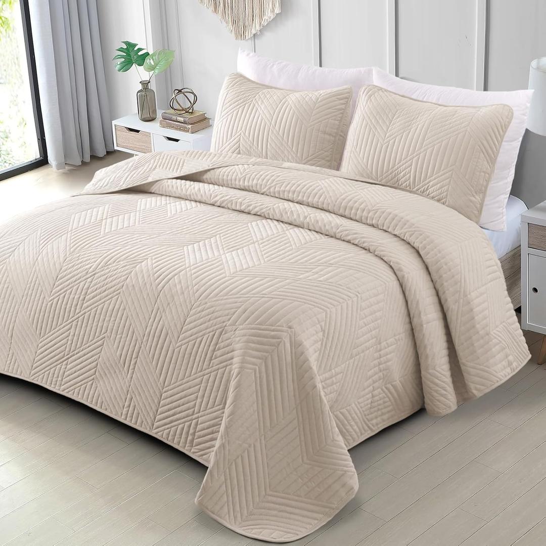 Exclusivo Mezcla Ultrasonic Twin Quilt Bedding Set, Lightweight Brich Beige Bedspreads Soft Modern Geometric Coverlet Set for All Seasons (1 Quilt and 1 Pillow Sham)