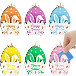 6Pcs Easter Bunny Money Holder for Cash, Easter Basket Stuffers Gifts Card Holder with Egg Bunny Table Decorations Hanging Ornaments, Spring Wooden Cash Sleeves Gift Tags for Boy, Girl, Teens