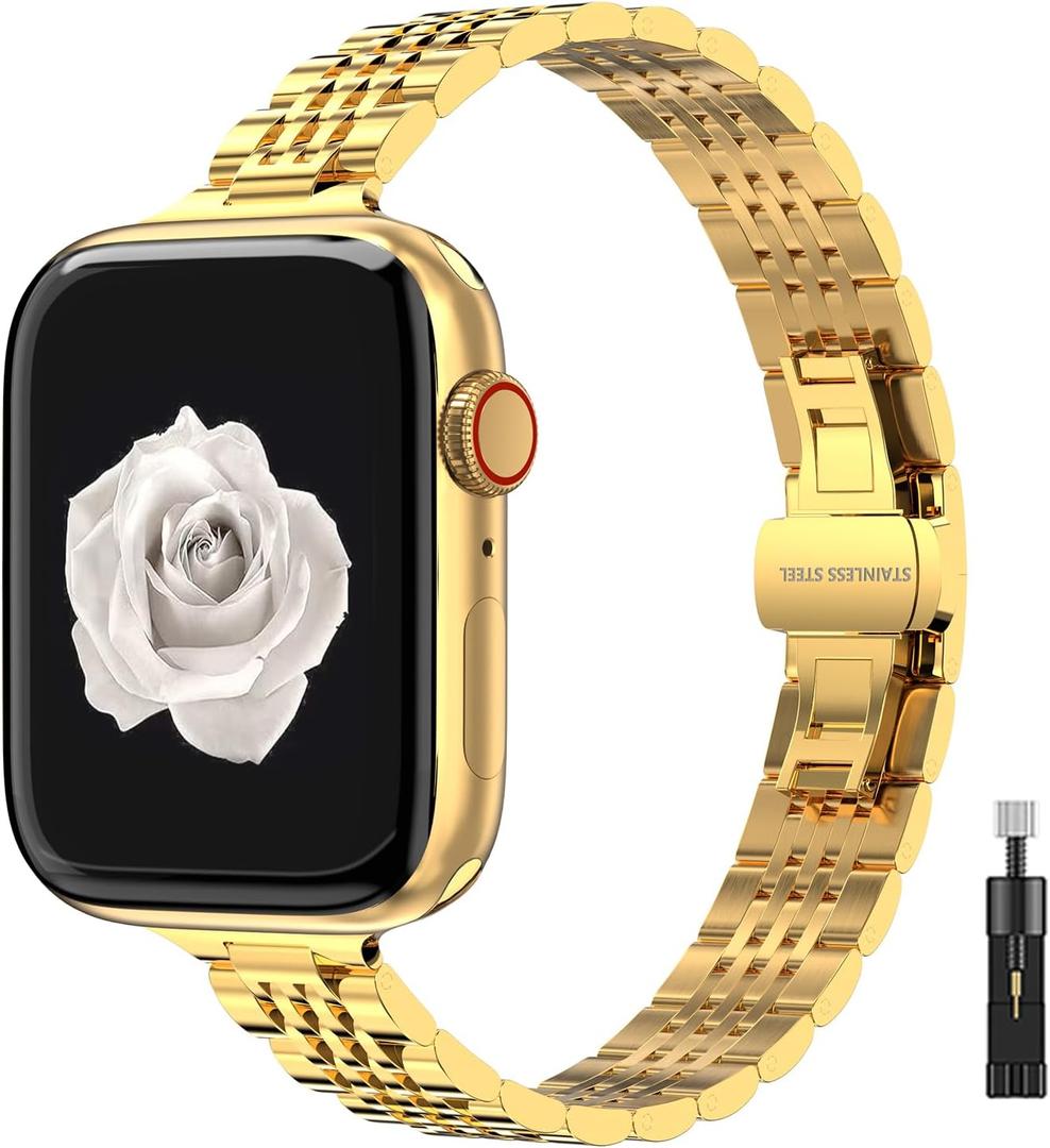 Thin Women Band Compatible with Apple Watch 38mm 40mm 41mmm 42mm 44mm 45mm with Face Cover, Stainless Steel for Metal iwatch Band Series 9 8 7 6 5 4 3 2 1 SE.
