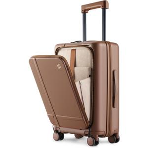 NINETYGO Carry On Luggage 22x14x9 Airline Approved, 20 Inch Suitcase with Front Compartment & Cup Holder, Coffee-Infused PC Hard Shell, Eco-Friendly, TSA Lock, 360° Spinner Wheels (Latte)