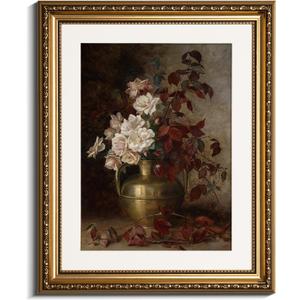 VIYYIEA Gold Framed Floral Wall Art Decor, Living Room Bedroom Rose Bouquet Pictures Retro Wall Decor, Antique Picture Frame Canvas Prints Artwork, Vintage Flower Paintings,13x16 Inch