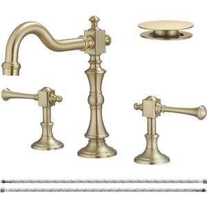 BWE 8 Inch Vintage Brass Bathroom Faucet for Sink 3 Hole Brushed Gold Bathroom Sink Faucet with Pop-up Drain and Supply Lines 2 Handle Widespread Bathroom Faucet Solid Brass