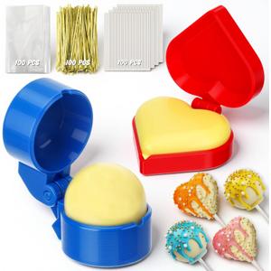 2 Pcs Cake Pop Mold, Cake Pop Cutter and Pusher with Lollipop Sticks, Bags, Ties Kit, Baking Tools Accessories for Home Baking, Birthdays, Holiday Party, Wedding Desserts(Round,Heart)