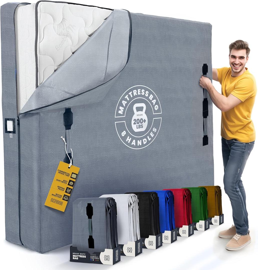 Mattress Bags For Moving With 8 Handles - Queen Size - Extra-Thick Mattress Bag For Moving - Reusable Mattress Storage Bag - Mattress Cover For Moving With Zipper, Moving Mattress Bag Protector (Gray)