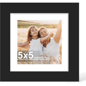 Hongkee 5x5 Picture Frame with Glass, Display Pictures 4x4 with Mat or 5 x 5 without Mat - Wall and Tabletop, 5 by 5 Photo Wooden Frames (Black, 1 Pack)