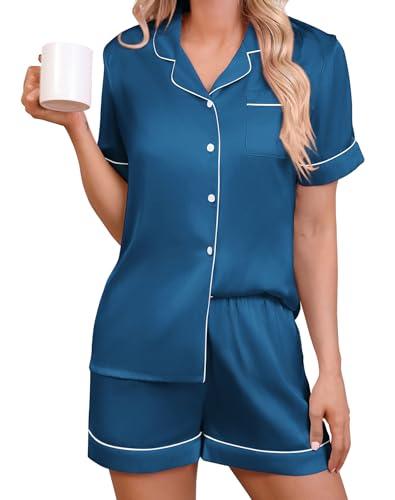 KCW Silk Satin Pajamas for Women Set 2 Piece Pajama Sets Short Sleeve Top and Shorts Pjs Set Button Down Loungewear Dark Blue, Size: 2XL