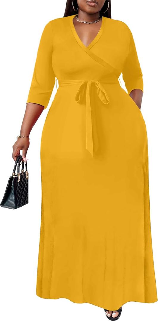 Nmoder Plus Size Maxi Dress for Women - Summer Casual 3/4 Sleeve Floral Flowy Long Dress with Belt XL- 6XL (Yellow)