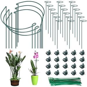 Ferraycle 24 Pack Plant Support Stakes Set 18 Pack 16 Inch Single Flower Stakes and 6 Pack 15.8 Inch Metal Plant Support Ring Cage Stakes Garden Stake for Indoor Outdoor Monstera Peony Rose Flower Etc